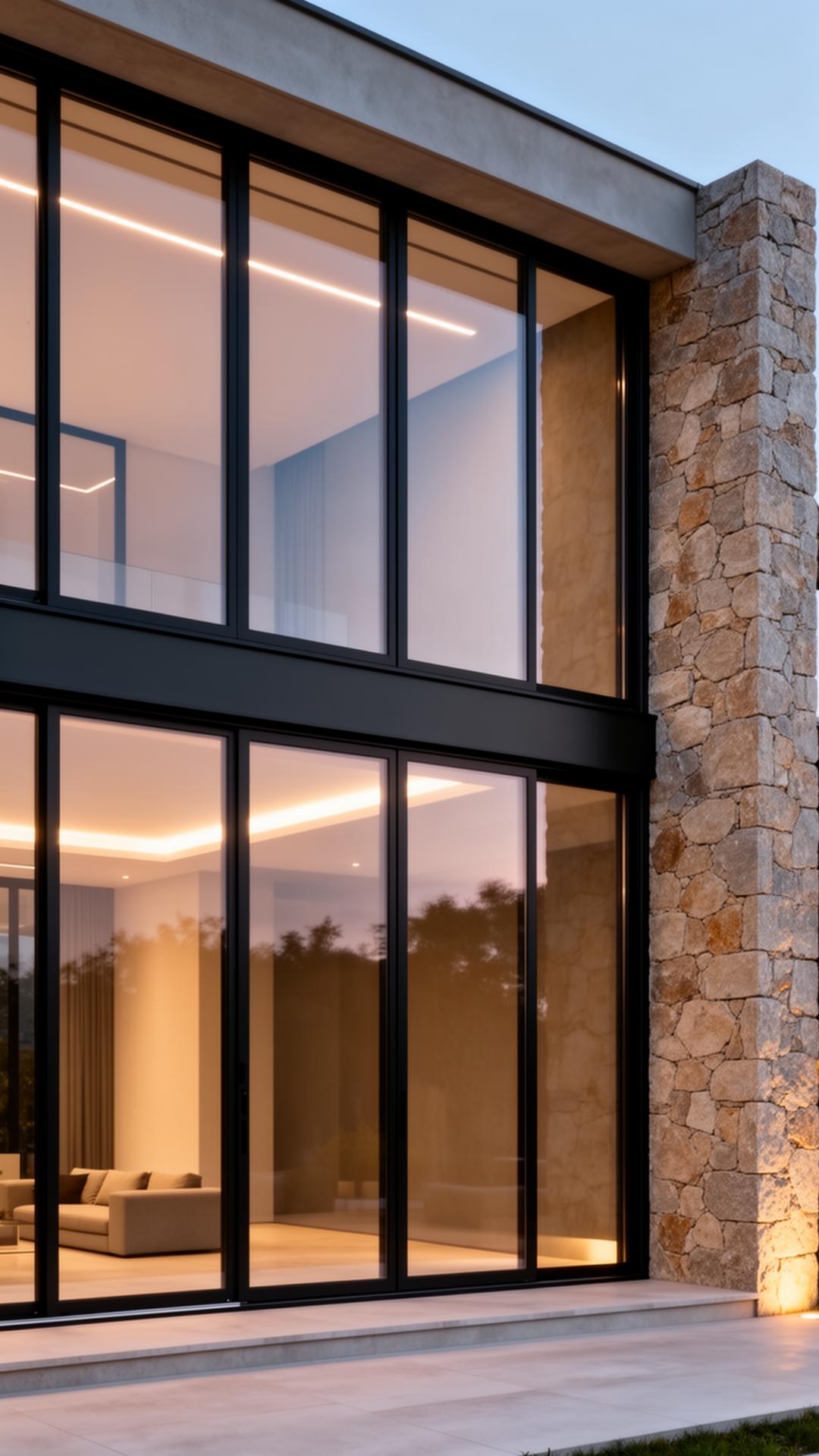 Tâmplărie din aluminiu contemporană pe o vilă din piatră naturală.
