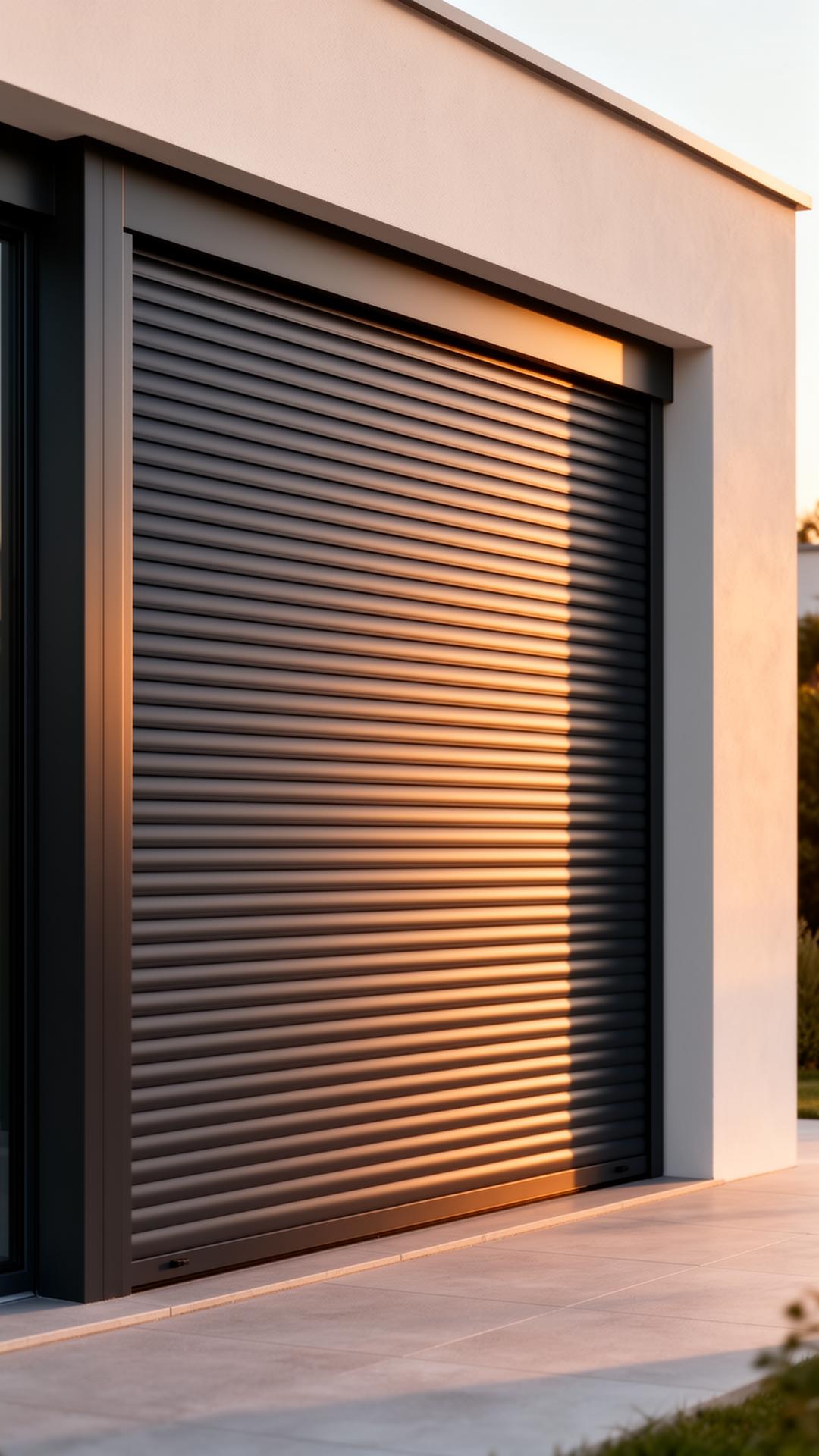 Rulou exterior din aluminiu antracit, lumină de seară.